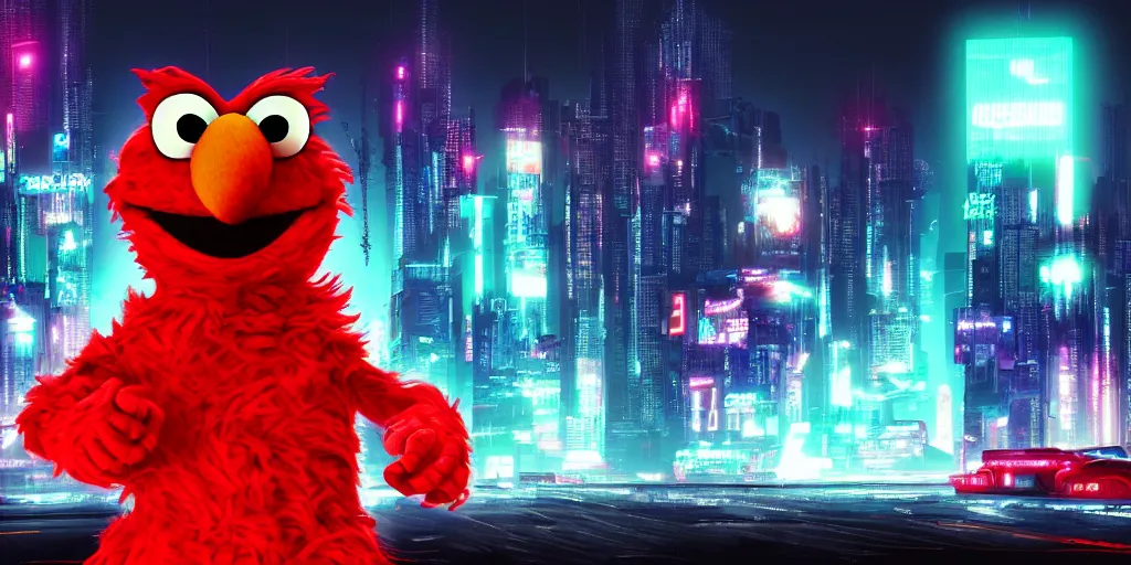 Image similar to elmo!! in cyberpunk night city wallpaper rendering, digital art