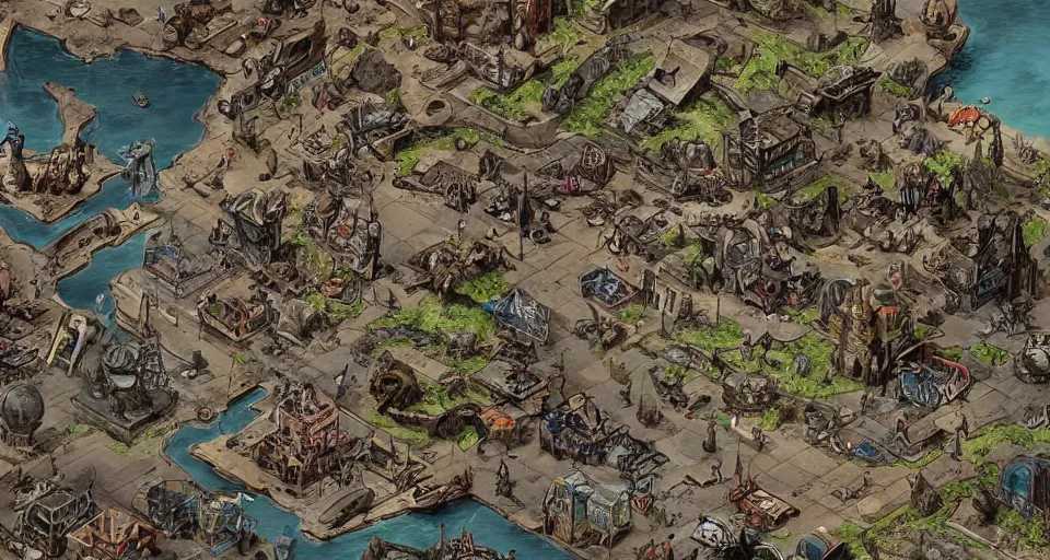 Image similar to dungeons and dragons map. old scrapyard slum village. high def illustration. top down map. sci fi art.