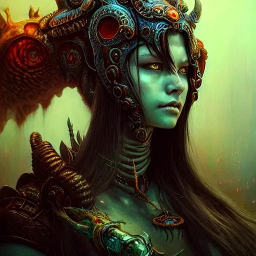 Image similar to a highly detailed Long shot photo of chthonic warcraft Draka female character by Ayami Kojima, Beksinski, Giger,intricate, digital painting, artstation, intricate, concept art, smooth, sharp focus, illustration