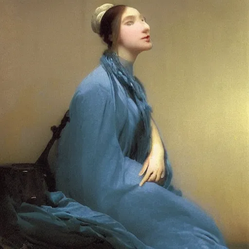 Prompt: a young woman’s face, her hair is white, she wears a long flowing blue satin veil, by ivan aivazovsky and pieter claesz and paul delaroche and alma tadema and august malmstrom and and willen claesz heda and aelbert cuyp and gerard ter borch, detailed, hyperrealistic, volumetric light, rendered in octane, rendered in redshift, c4d, agfa optima 200