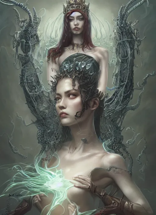 Prompt: a hyper detailed full body portrait of the queen of blades and a girl kneeling, by tom bagshaw, diablo 4 lilith, by yusuke murata, by hiroya oku, trending on artstation