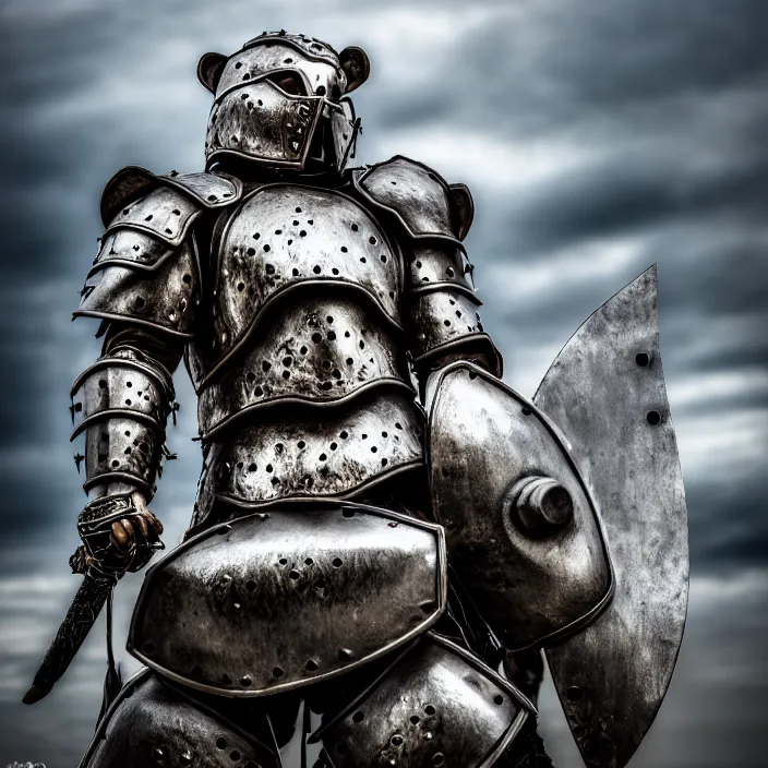 Image similar to photo of a warrior with metal bear themed armour, highly detailed, 4 k, hdr, smooth, sharp focus, high resolution, award - winning photo