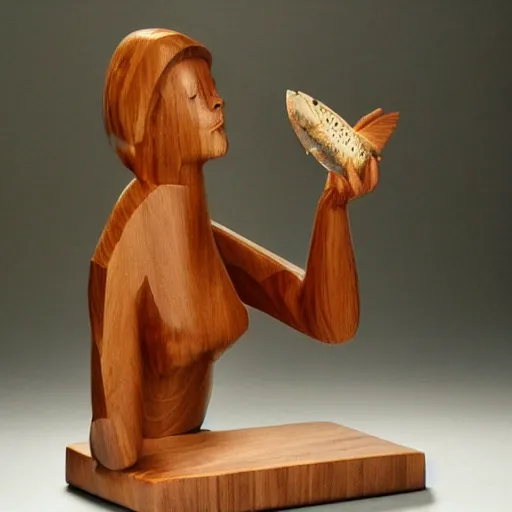 Prompt: wooden sculpture of a woman catching a salmon, polished maple, thoughtful, elegant, real