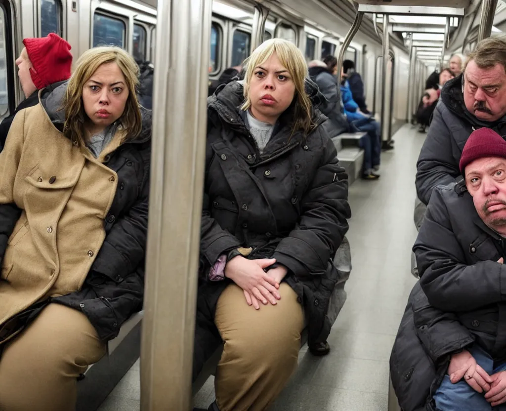 Prompt: a sad woman in a parka who looks like a cross between Chloe Sevigney and Aubrey Plaza, sits next to a slightly overweight friendly middle-aged German businessman, with short blond hair and a mustache, in a Chicago subway train, medium shot from a 3/4 angle, showing full figures, drawn in the style of Daniel Clowes and Adrian Tomine and Gabrielle Bell