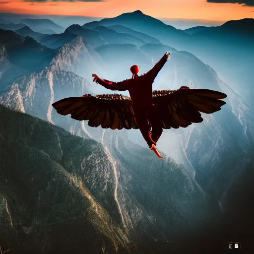 Image similar to winged man, flying over a mountain, dramatic lighting, 4 k, photography, award winning photo