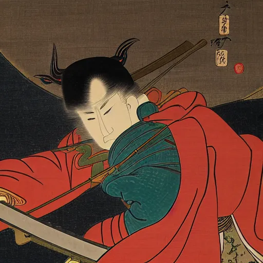 Prompt: ancient japanese ukiyo - e painting of a chinese warrior in clothes with a broadsword jump and hit the chinese dragon down hard, dark cloud and lightning on the grounddramatic lighting, cg, whole body, extremely detailed, 8 k, sophisticated