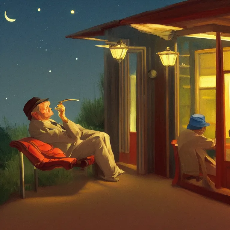 Prompt: a storybook illustration of anthony hopkins smoking at night, fireflies, quiet night scene painted by Edward Hopper masterpiece, intricate, elegant, fantasy, highly detailed, digital painting, concept art, sharp focus, artstation