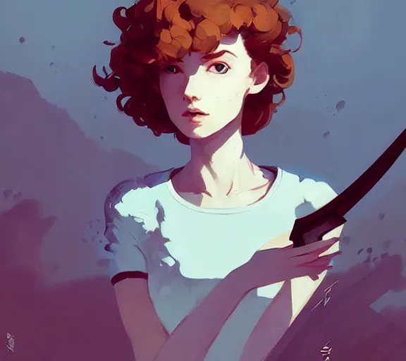 Image similar to portrait woman with short ginger curly hair with a sword, by atey ghailan, by greg rutkowski, by greg tocchini, by james gilleard, by joe fenton, by kaethe butcher, by ashley wood, dynamic lighting, gradient light blue, brown, blonde cream and white color scheme, grunge aesthetic