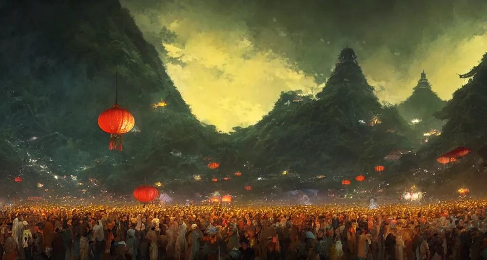 Prompt: craig mullins and ghibli digital art of zhongyuan festival in china ， lanterns in the sky, black night sky, stars, below is the crowd, rivers, villages ， unreal engine, hyper realism, realistic shading, cinematic composition, realistic render, octane render, detailed textures, photorealistic, wide shot