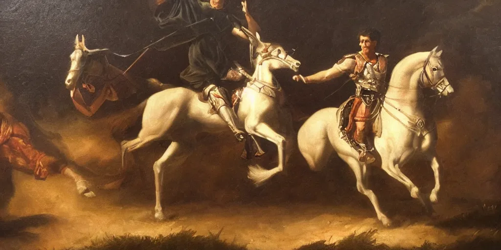 Prompt: Highly detailed and atmospheric Romantic-period oil painting of Julius Caesar riding a horse, dynamic lighting, 8K