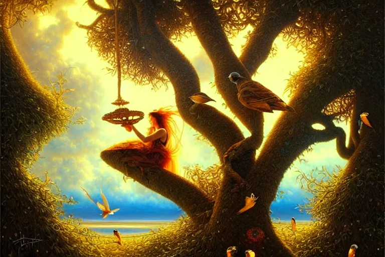 Image similar to oil painting, female playing the harph while birds are listening on the tree surreal, ultra realistic, wide angle, intricate details, artifacts, luminous skies, highly detailed, michael cheval, peter mohrbacher, boris vallejo, jessica rossier, oil painting, highly detailed, cinematic lighting