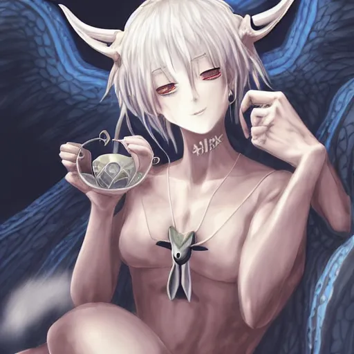 Image similar to A demon taking a leisurely break from its usual demonic duties, Anime, Intricate, Elegant, extreme Detail, cinematic, Digital Art