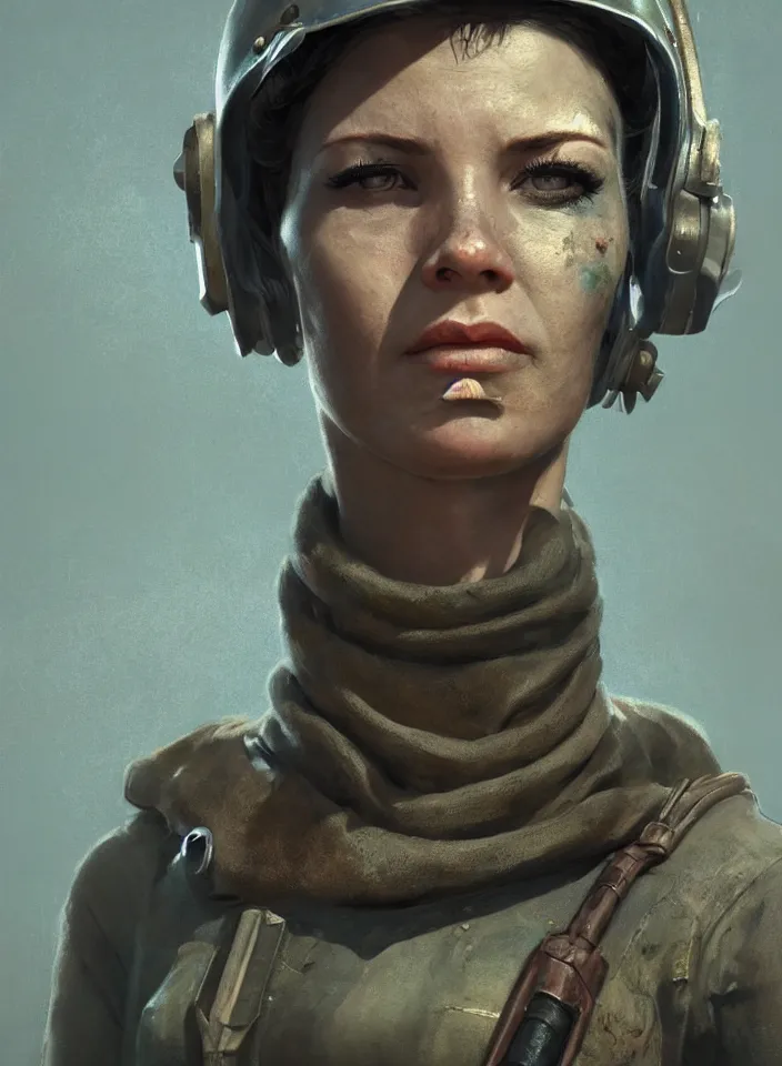 Image similar to a face portrait of a female bandit in fallout 4, scifi setting, fallout environment, drab colors, serene lighting, atmospheric, cinematic, moody, in the style of diego koi, gina heyer, luiz escanuela, art by alyssa monk, hyperrealism, rule of thirds, golden ratio, oil on canvas, 8 k