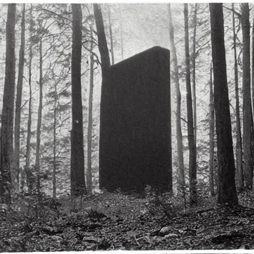 Image similar to old photograph of a giant monolith in a haunted forest