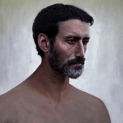 Prompt: A beautiful painting of a man that has been pushed too far. A portrait of a man with a thousand-mile stare, whose soul has been replaced by a void. depth of field by Giorgio Barbarelli da Castelfranco, by Tatiana Suarez