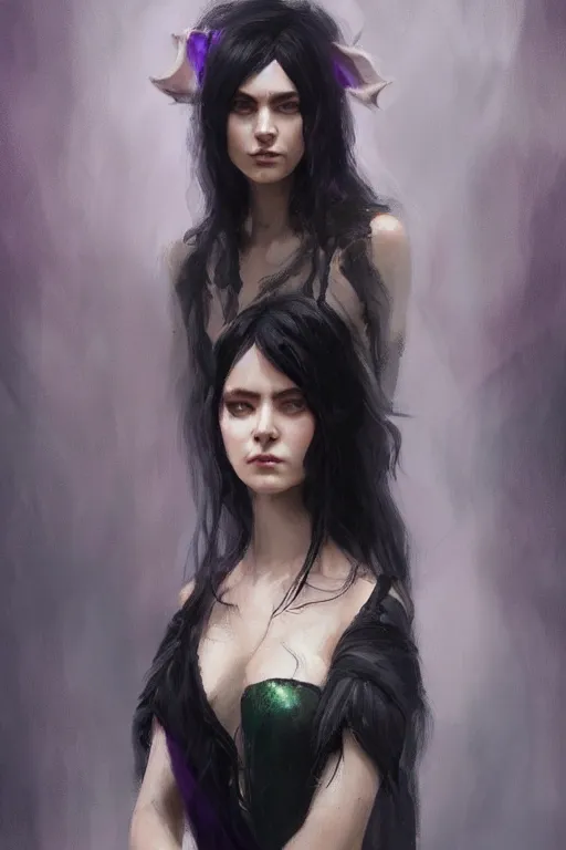 Prompt: portrait painting of female forest elf black hair, purple eyes, black dress, dramatic light, 8 k, by greg rutkowski