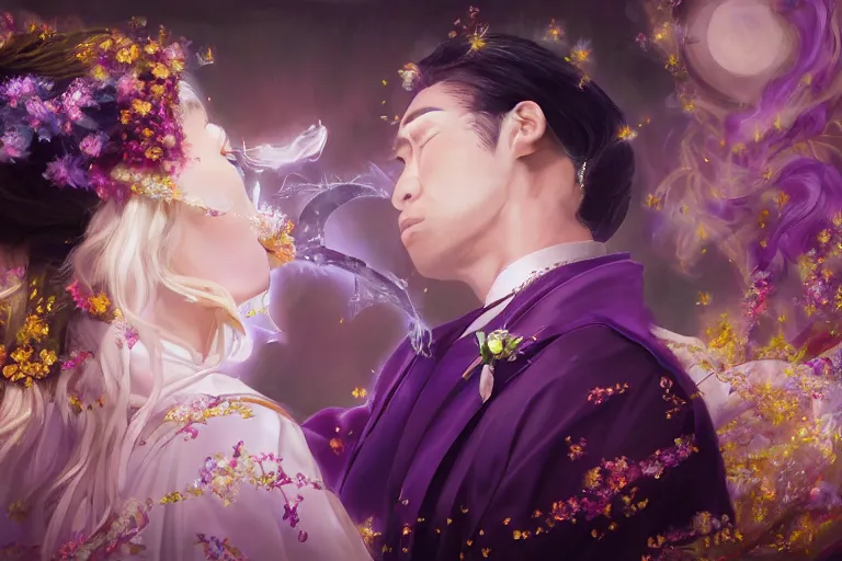 Image similar to a cinematic portrait of wedding photograph jpeg close up moment of a divine a japan sun god and moon goddess lovers magician at a wedding banquet. portraiture. digital painting. artstation. concept art. fantasy wedding photo. digital painting, 8 k realistic, hyper detailed, violet evergarden art masterpiece by art by krenz cushart