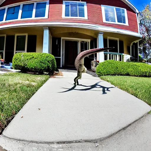 Prompt: fisheye view of dinosaur stealing packages from front porch, ring doorbell view