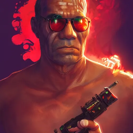 Prompt: yoshi as trevor philips vaporwave, one eye red, vulcaon machine gun, cigar, highly detailed, digital painting, artstation, concept art, smooth, sharp focus, illustration, art by artgerm and greg rutkowski and alphonse mucha