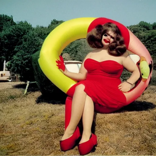 Image similar to 1976 glamorous curvy woman wearing an inflatable smiley head, wearing a dress, in a small village full of inflatable animals, 1976 French film archival footage technicolor film expired film 16mm Fellini new wave John Waters Russ Meyer movie still