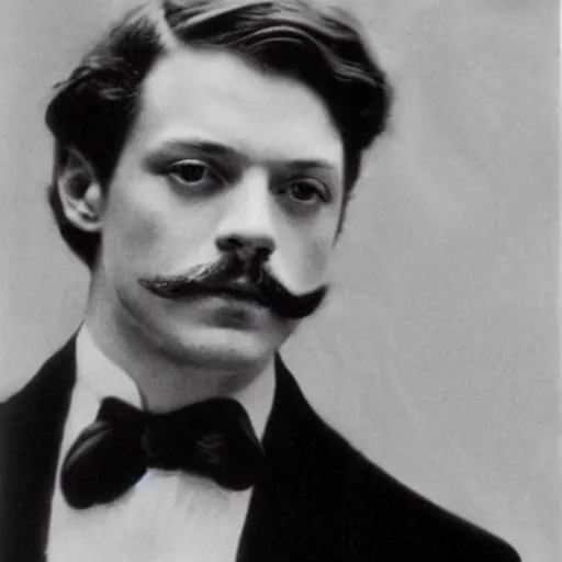 Prompt: headshot edwardian photograph of james mcavoy, sebastian stan, henry cavill, moustache, 1 9 2 0 s film actor, suave, charming, realistic face, 1 9 1 0 s photography, 1 9 0 0 s, grainy, victorian, soft blur