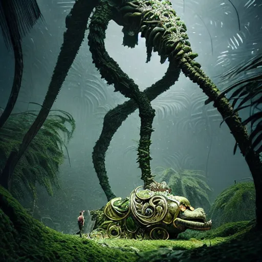 Image similar to a giant creature in a lush trunda vegetation, snow snow : : by michal karcz, daniel merriam, victo ngai and guillermo del toro : : ornate, dynamic, particulate, intricate, elegant, highly detailed, centered, artstation, smooth, sharp focus, octane render, 3 d