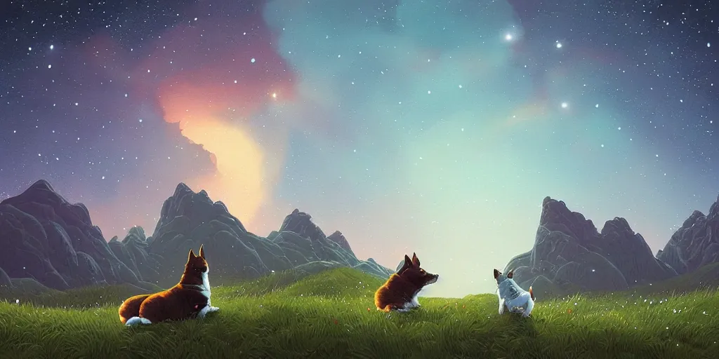 Image similar to Two corgis staring into the stars in the mountains, stars filled sky, artstation, intricate, highly detailed, digital painting, sharp focus, illustration by Michael Whelan and Simon Stalenhag