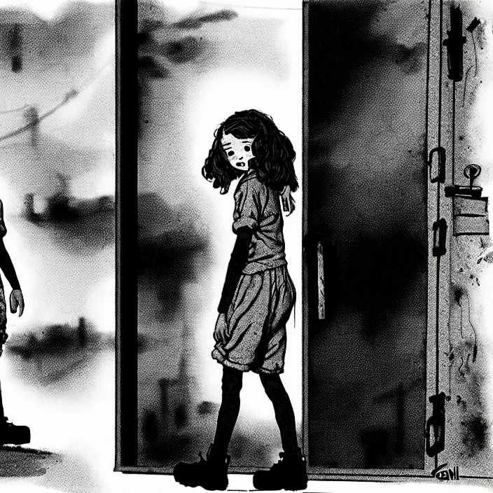 Image similar to [ sadie sink in dirty workmen clothes waves goodbye ] to workmen. near a gate. background : factory, dirty, polluted. technique : black and white pencil and ink. by gabriel hardman, joe alves, chris bonura. cinematic atmosphere, detailed and intricate, perfect anatomy