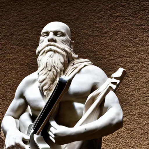 Prompt: epic greek marble statue of a bald man with a long beard playing a guitar, photo, chiaroscuro