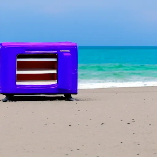 Prompt: purple refrigerator on a beach, 4k photo