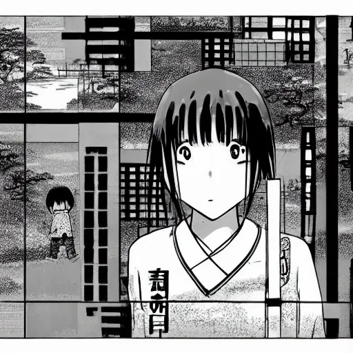 Image similar to a manga vignette with a japanese urban geometrical landscape, black and white, in style of inio asano