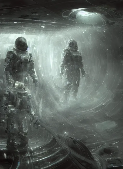 Image similar to concept art by craig mullins infrared complex and hyperdetailed technical astronauts floating in futuristic dark and empty spaceship underwater. reflection and dispersion materials. rays and dispersion of light. volumetric light. 5 0 mm, f / 3 2. noise film photo. flash photography. unreal engine 4, octane render. interstellar movie art