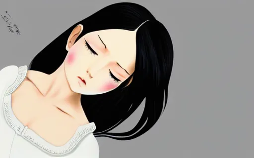 Image similar to little girl with an long black hair dressed in a simple white dress sleeping, anime art style, digital art ilya kuvshinov, inspired by balthus, hd, 4 k, hyper detailed, top view