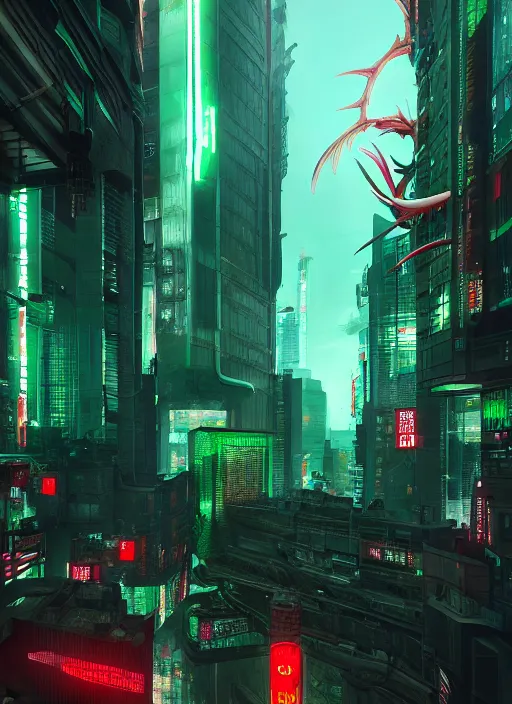 Image similar to red dragon and green dragon in cyberpunk city, ultra detailed, trending on artstation, concept art, octane render, unreal engine,