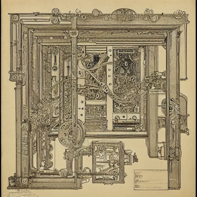 Image similar to beautiful, symmetric, art nouveau, detailed, intricate technical drawings on parchment from 1 8 4 0 with extensive written labels and covered in scribbled pencil notes in open space, for a mechanical display attachment to babbage's difference engine, showing a screen playing tetris, by ron cobb and alphonse mucha