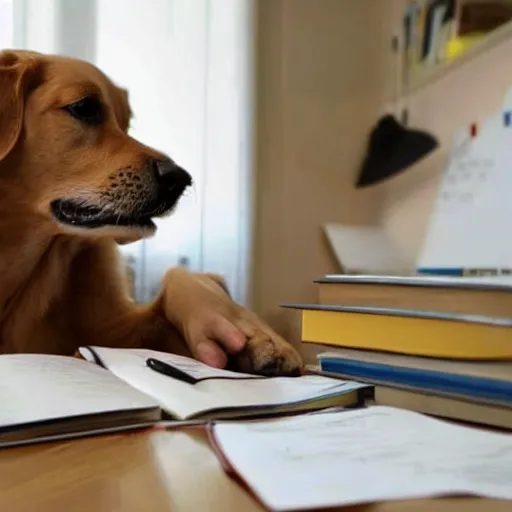 Prompt: dog doing homework instead of eating it