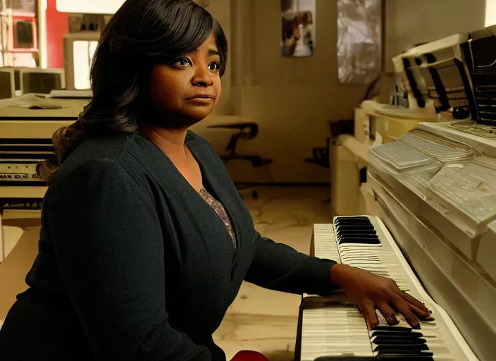 Prompt: cinematic shot of octavia spencer in an small used electronics store hands on an old electronic keyboard, iconic scene from the paranoid thriller sci fi film directed by stanley kubrick, anamorphic cinematography, beautiful composition, color theory, leading lines, photorealistic, volumetric lighting, hyper detailed 4 k image,