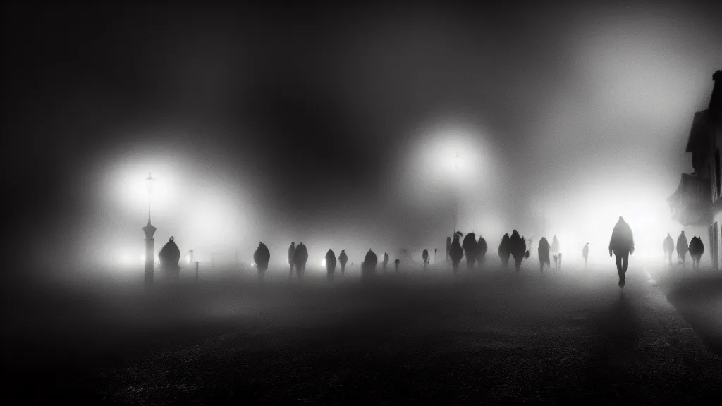Image similar to the crowd flees the village, fog, volumetric lighting, mystique, atmospheric, sharp focus, ultra detailed, noir art house, 4 k, cinematic, 3 5 mm