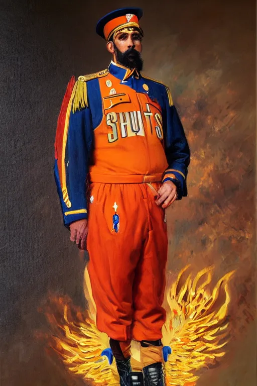 Prompt: full body portrait of the dictator of the phoenix suns, 1 8 8 9, in full military garb, oil on canvas by william sidney mount, trending on artstation