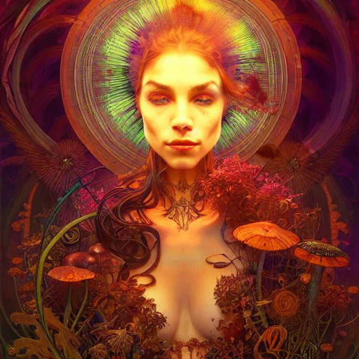 Image similar to An extremely psychedelic experience, surreal, dramatic lighting, magic mushrooms, psilocybin, LSD, face, detailed, intricate, elegant, highly detailed, digital painting, artstation, concept art, smooth, sharp focus, illustration, art by Krenz Cushart and Artem Demura and alphonse mucha