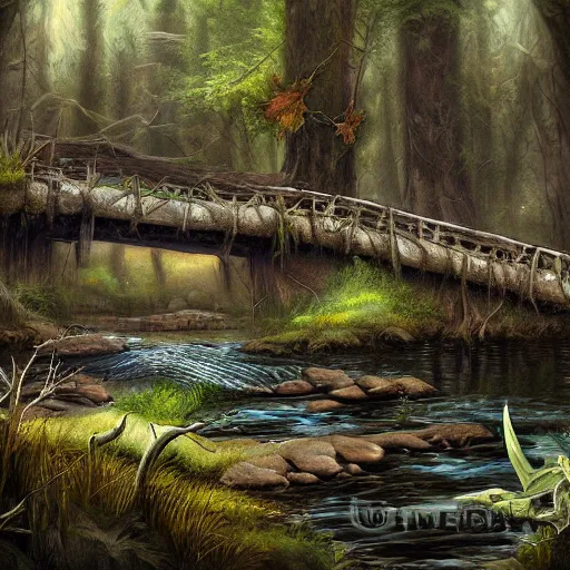 Prompt: old rickety bridge over a stream within a dark dying forest, high resolution, highly detailed, dark fantasy, by anne stokes, digital art