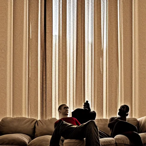 Image similar to gang members chilling around dirty couch in a beige room thick volumetric dust god rays shines through cheap blinds kinda atmosphere jonathan zawada style photography