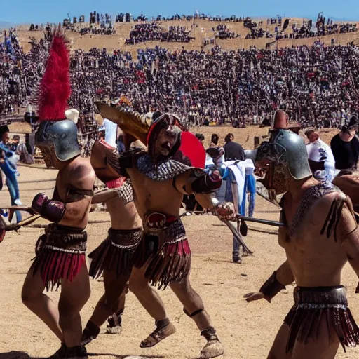 Image similar to anthropomorphic gladiators arena fighting for life with a crowd of spectators, duunes desert