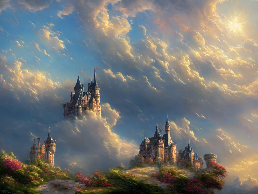 Prompt: a beautiful painting of a castle on the clouds in the skies, by greg rutkowsky and thomas kinkade. trending on artstation. highly detailed oil painting, fiction, colorful clouds, stratosphere