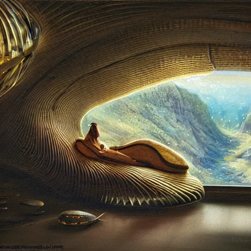 Image similar to beautiful portrait of bamboo living pods shaped like a sea shell embedded on the side of a cliff, windows, the time machine, spaceship by john berkey, panoramic view, ssci - fi, futuristic valley, rendered in octane, art by artgerm, artwork by peter gric and brian froud and esao andrews and david hardy