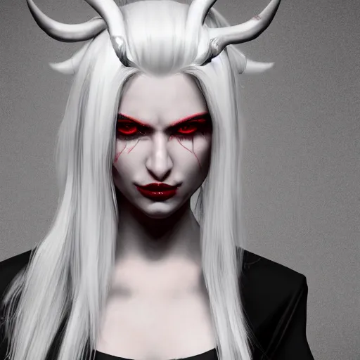 Image similar to a highly detailed portrait of a humanoid demon girl with white hair, red horns, in white clothes, artstation, deviantart, professional, unreal engine 5, photorealistic