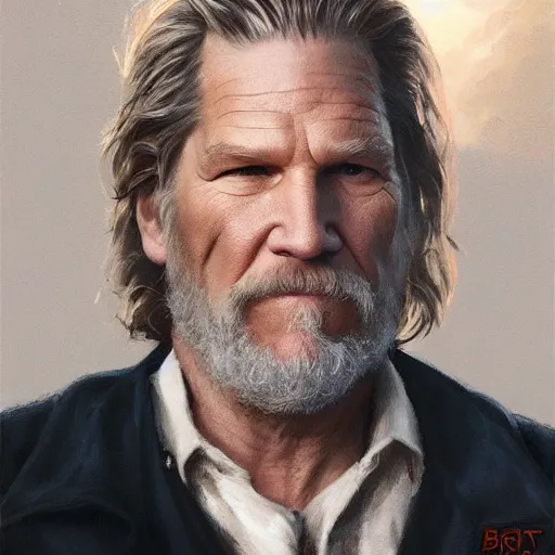 Image similar to closeup portrait of jeff bridges as the dude, dramatic lighting, city background, chiaroscuro, high detail, painted by greg rutkowski, painted by igor kieryluk, painted by bobby chiu, trending on artstation