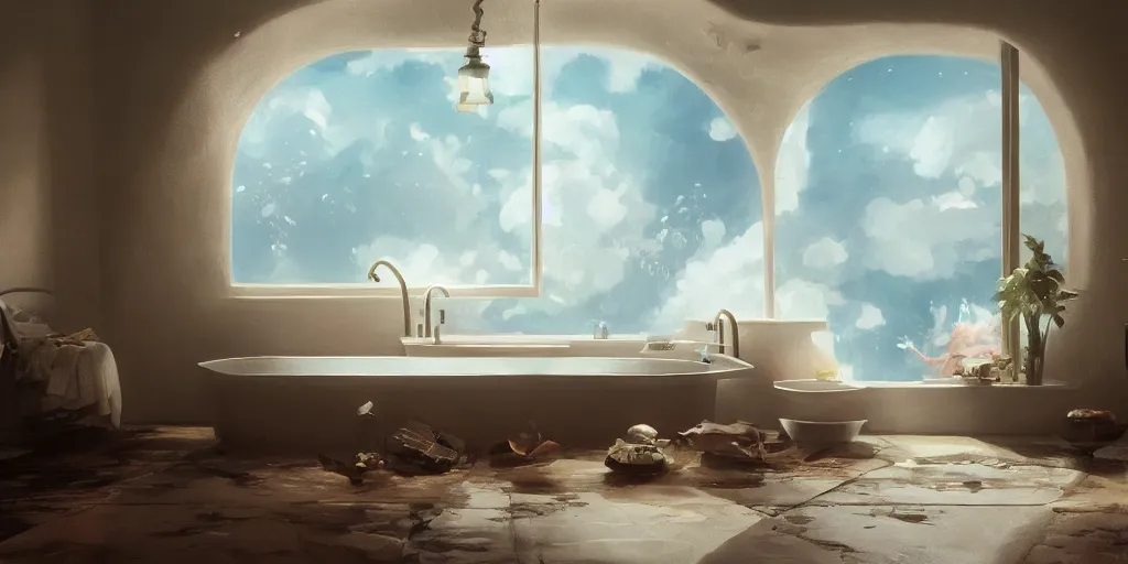 Image similar to a bathtub, detailed oil painting, cinematic angle, hyperrealistic, breathtaking, volumetric lighting, cinematic lighting, dynamic, Studio Ghibli, digital art, octane render, epic composition, trending on artstation, masterpiece