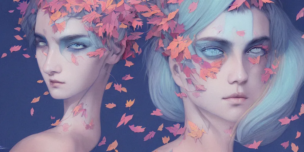 Image similar to breathtaking detailed concept art painting pattern with pastel colors of blue hair faces goddesses amalgamation autumn leaves with anxious piercing eyes, by hsiao - ron cheng and james jean, bizarre compositions, exquisite detail, 8 k