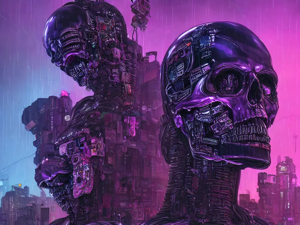 Image similar to high detailed dead android skull in a cyberpunk rainy city at night by Josan Gonzalez, purple and blue neons, unreal engine, high quality, 4K, UHD, trending on ArtStation, wires, blade runner vibes, ghost in the shell, akira, dorohedoro